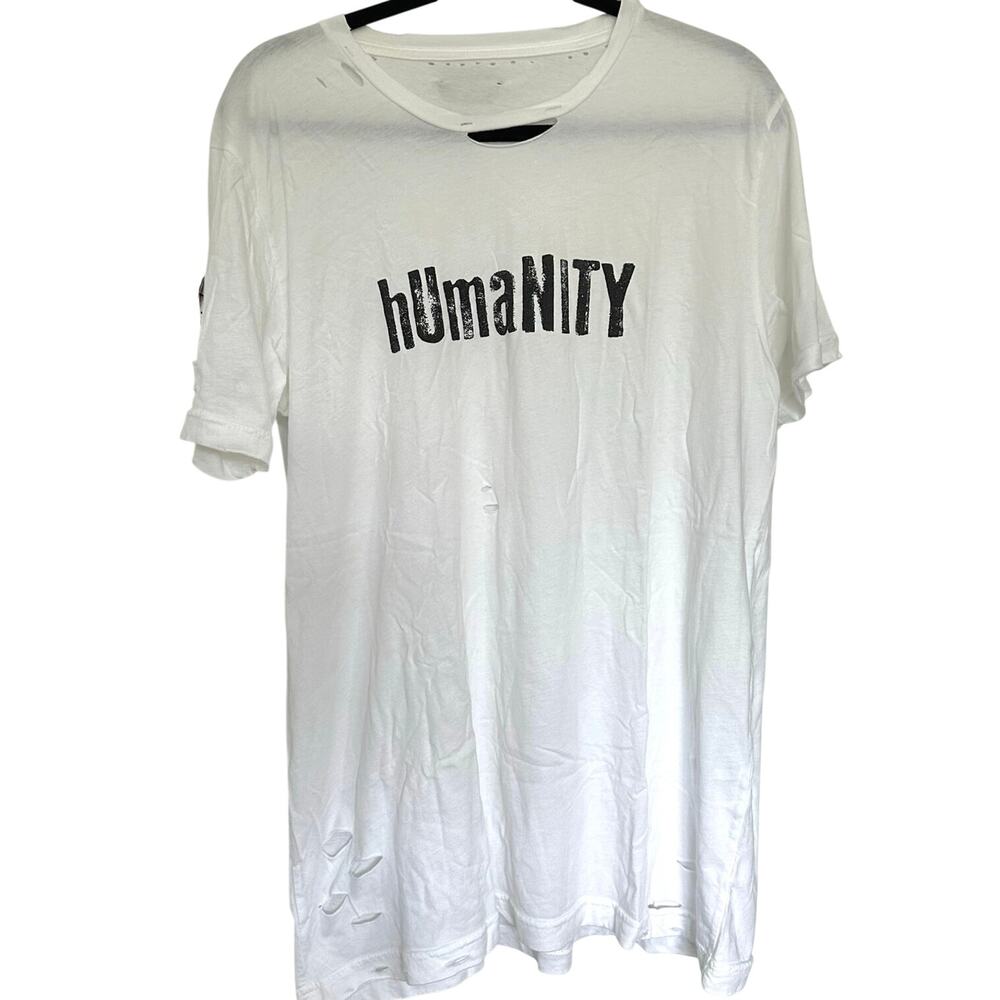rank & sugar (L) hUmaNITY White Cotton Patchwork Distressed Designer T-Shirt